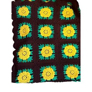 Vintage Granny Square Crochet Blanket Throw, Yellow Floral, Brown, Green